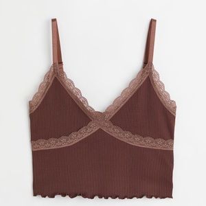 Brown Ribbed Crop Tank Top - Brown Lace Outline - V Neck and Shaping Cups